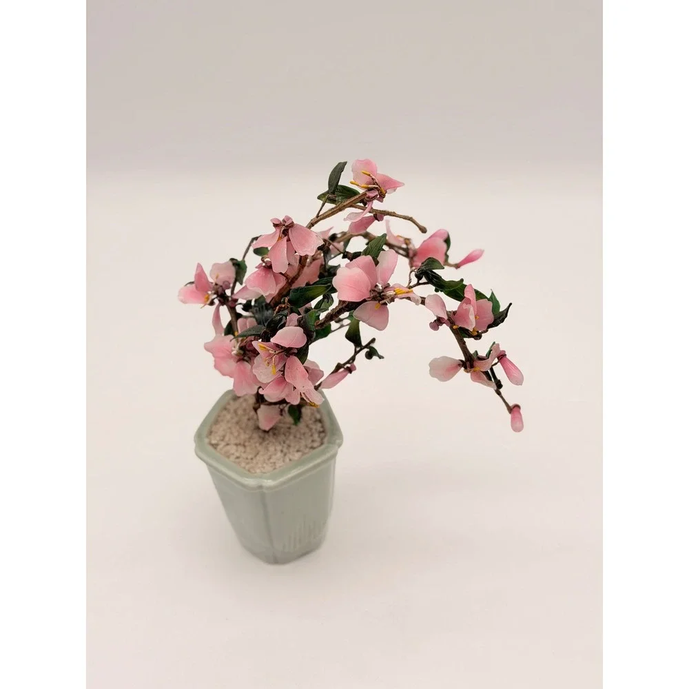 Vintage Glass Cherry Blossom Bonsai Tree Celadon Ceramic Pot Pink Green Asian
